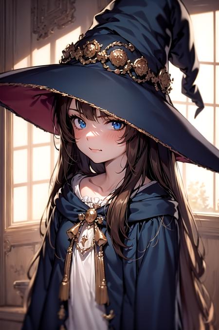 01571-1069392324-masterpiece, best quality, 1girl, long hair, smug, upper body, blue eyes, brown hair, witch hat, indoors,.png